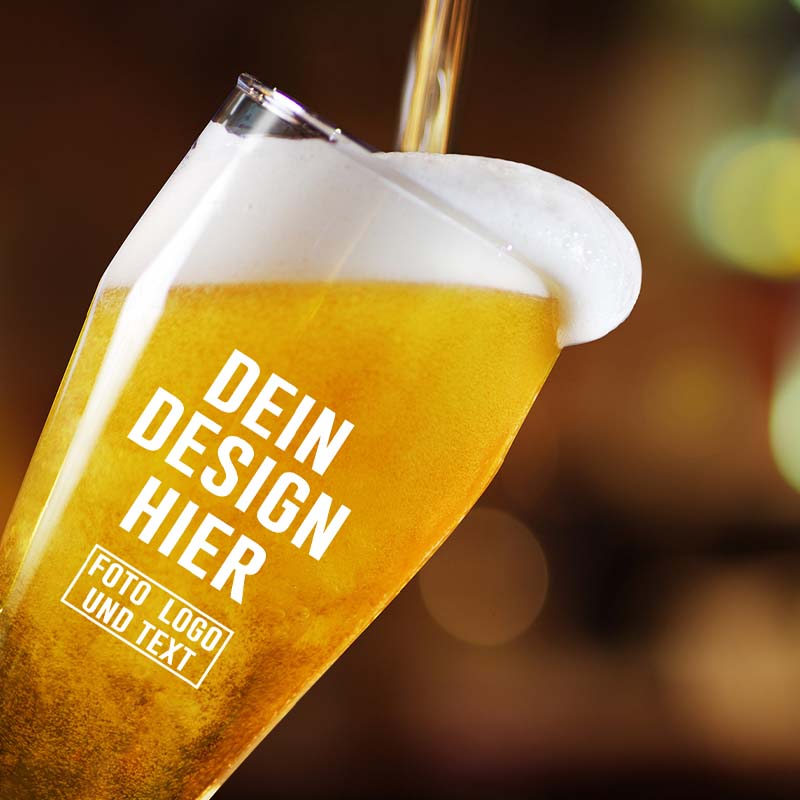 Personalisiertes Trinkglas mit Bier, Schaumkrone und Platz für individuelles Design bei Fototassen.de