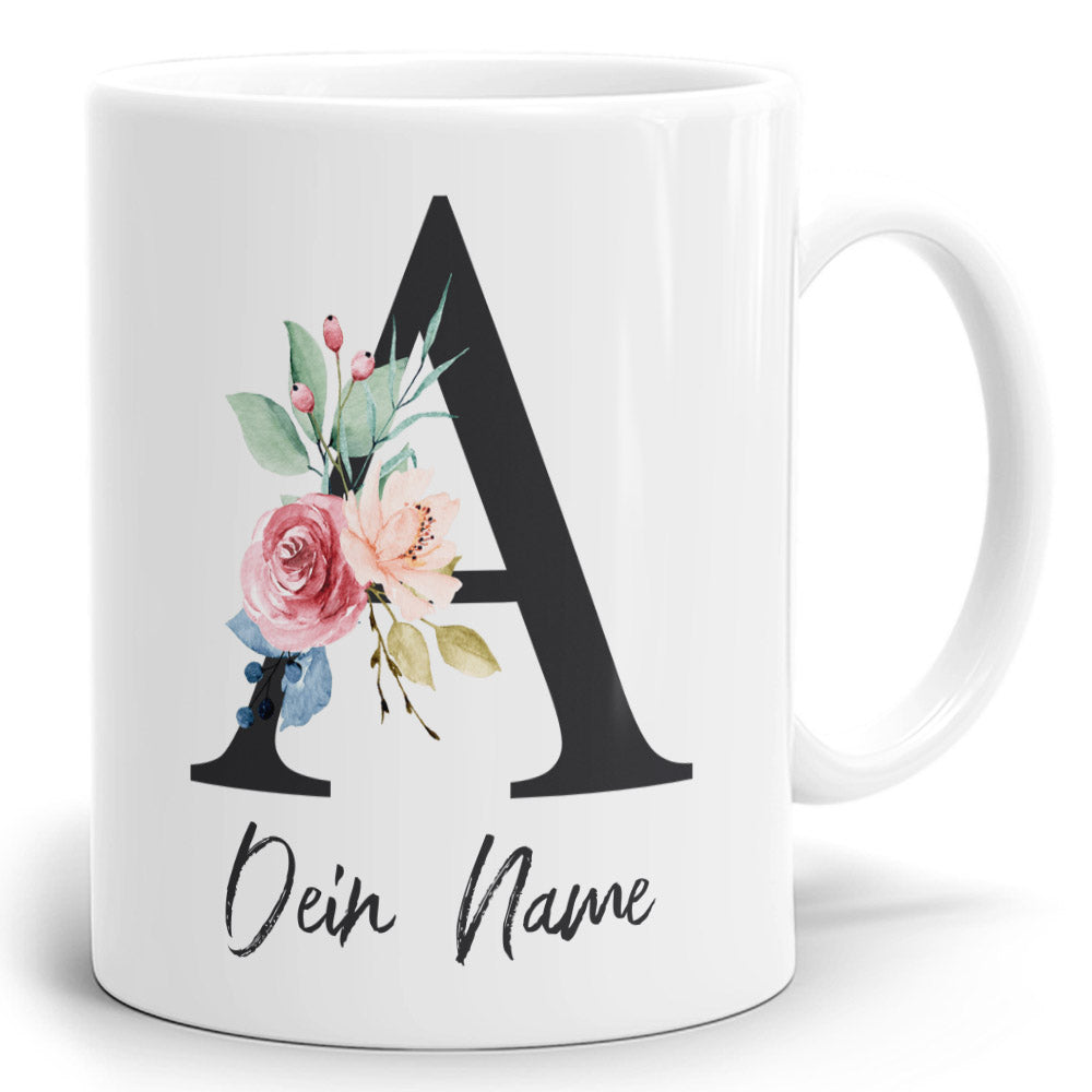 Blumen Initial Tasse mit Name und Buchstabe A