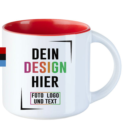 Weiße Fototasse mit rotem Innenrand, personalisierbar mit eigenem Foto, Logo und Text