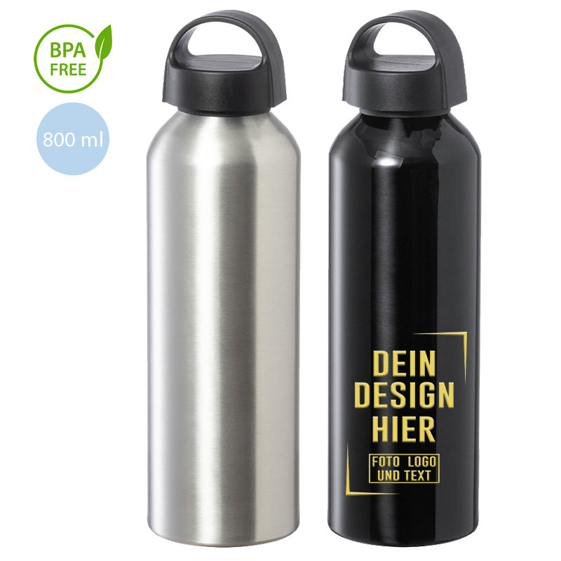 Aluminium Trinkflasche BPA-frei mit 800 ml Inhalt in Schwarz oder Silber bedrucken