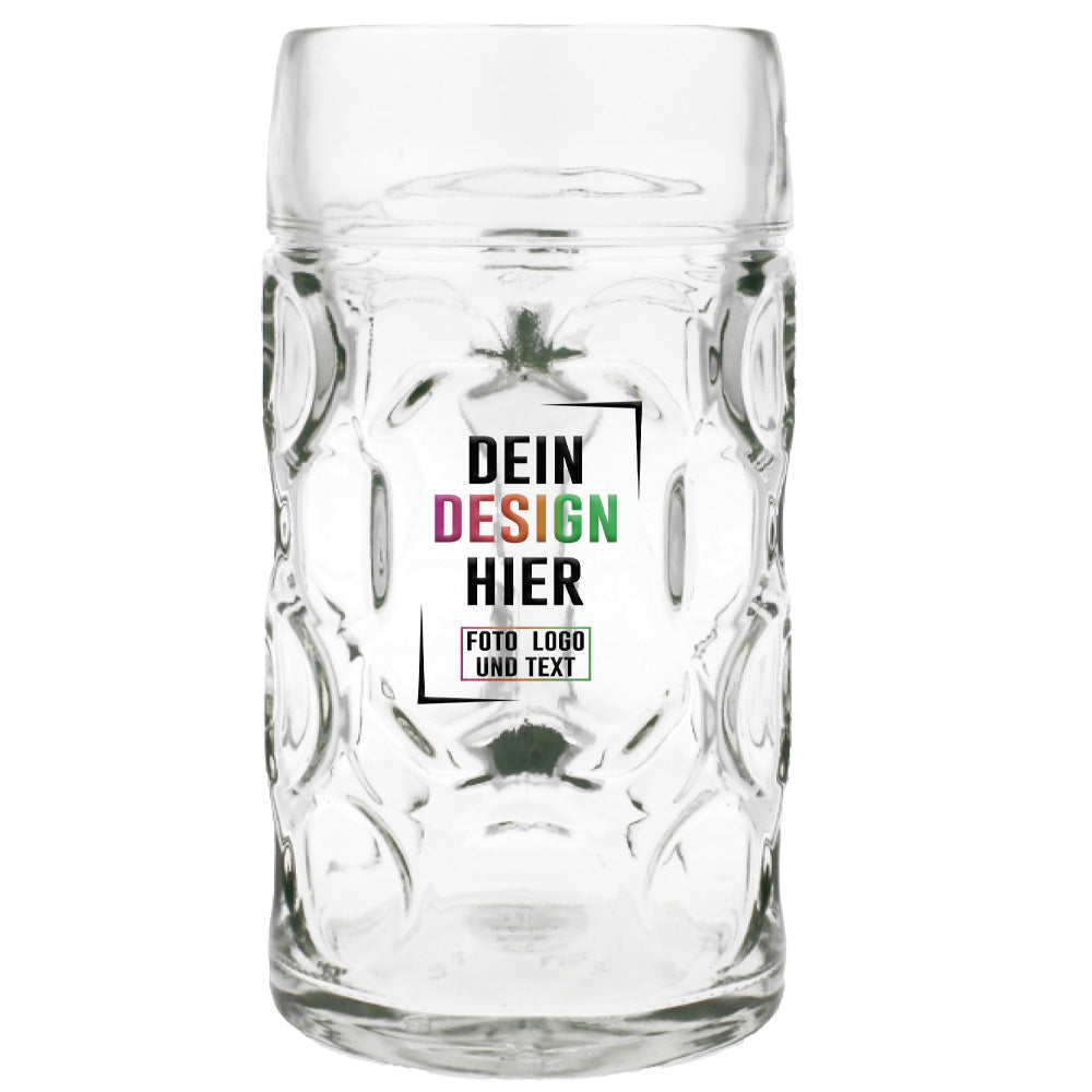Original Glasmaßkrug 1 Liter mit Schild zum Bedrucken