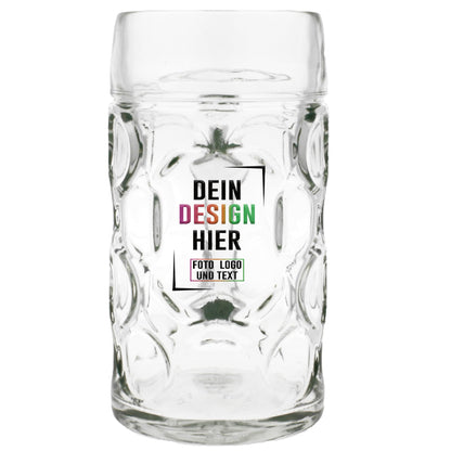 Original Glasmaßkrug 1 Liter mit Schild zum Bedrucken