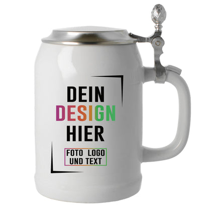 Weißer Bierkrug Andechs 0,5 ltr mit flachem poliertem Zinndeckel und Hopfengilde