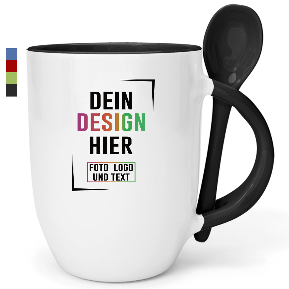 Personalisierbare Fototasse mit Löffel in Schwarz, bedruckbar mit eigenem Design, Foto oder Text