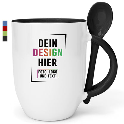 Personalisierbare Fototasse mit Löffel in Schwarz, bedruckbar mit eigenem Design, Foto oder Text