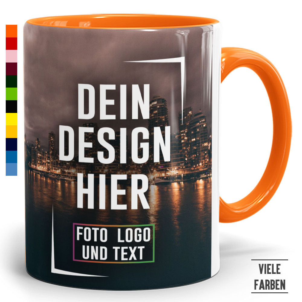 Personalisierbare Fototasse mit orangefarbenem Henkel und Skyline-Motiv, Fototassen.de