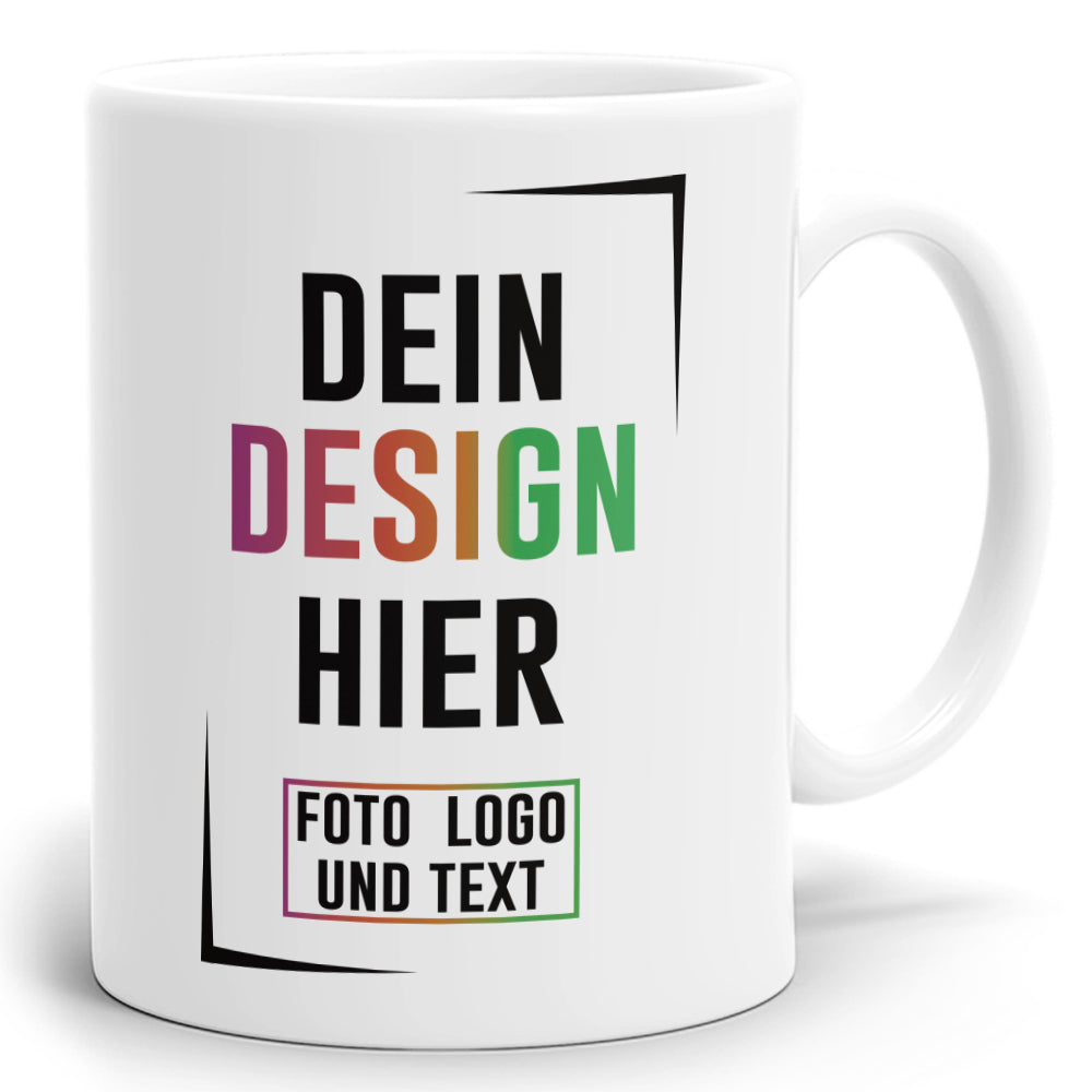 Weiße Fototasse mit Aufdruck 'Dein Design hier', ideal zum Personalisieren mit Foto, Logo oder Text