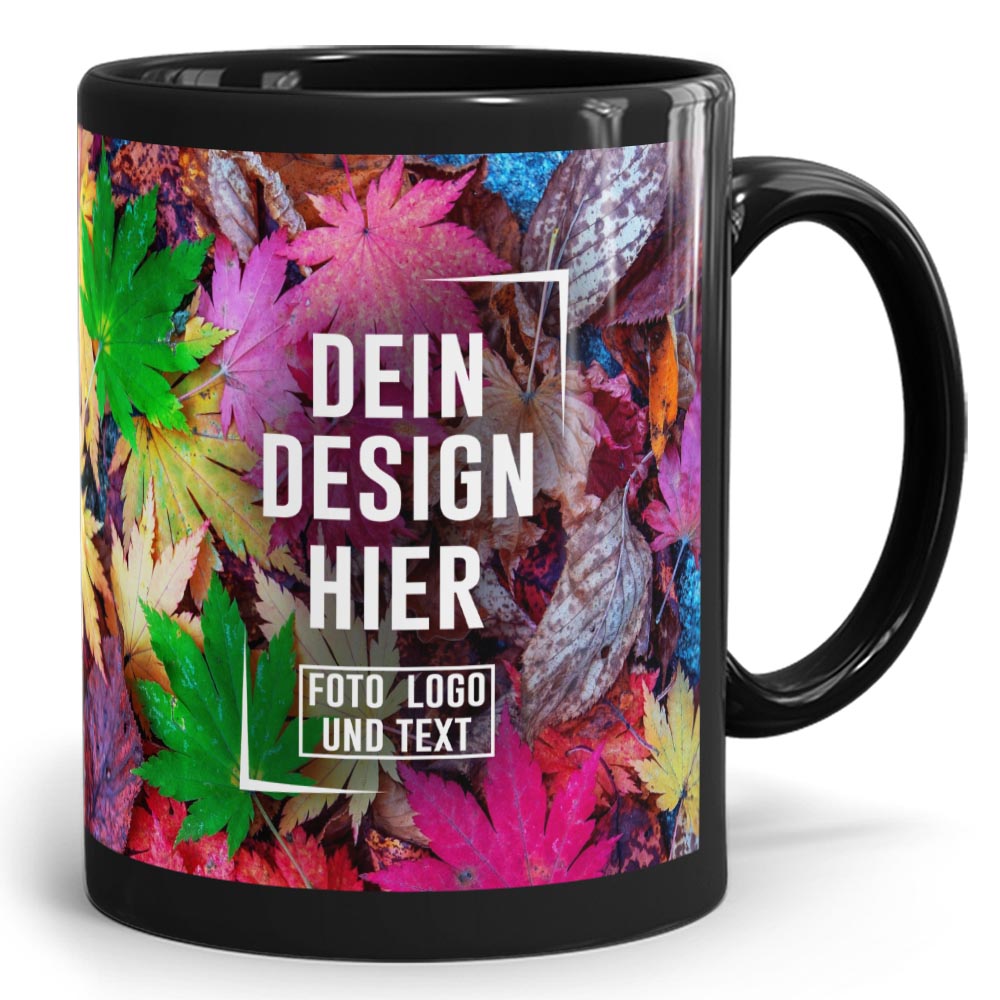 Schwarze Fototasse mit buntem Blatt-Design, personalisierbar mit eigenem Foto, Logo und Text.