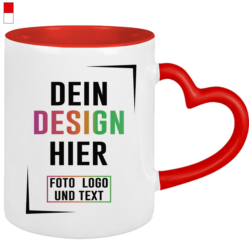 Personalisierbare Fototasse mit rotem Herzgriff, Textfeld für eigenes Design und Foto.