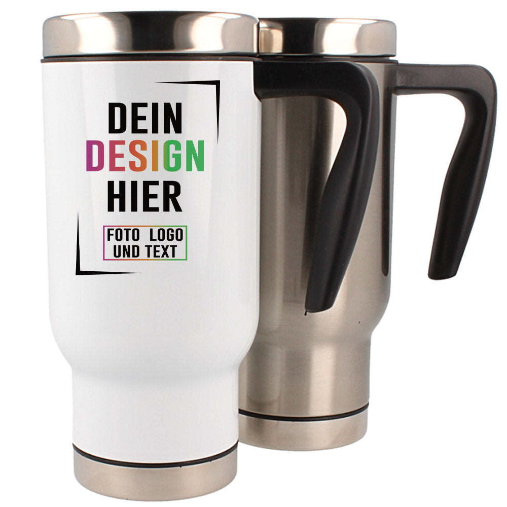 Premium Edelstahl Thermobecher in Weiß oder Silber bedrucken lassen