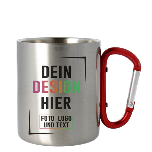 TREK-08 Kleiner Edelstahlbecher mit rotem Karabinerhaken zum personalisieren