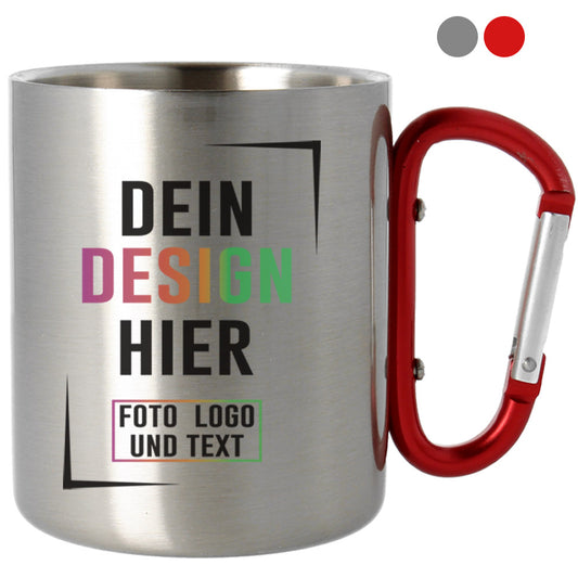 Edelstahltasse mit Karabiner Haken Griff in Silber oder kräftigem Rot zum selbst gestalten