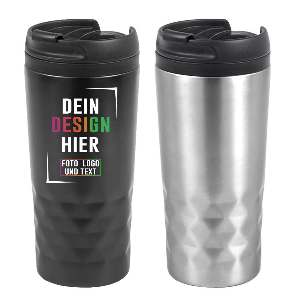 Gesamtansicht Edelstahl Thermobecher in Silber oder Schwarz