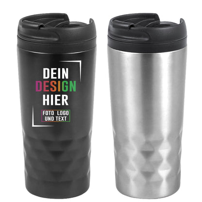 Gesamtansicht Edelstahl Thermobecher in Silber oder Schwarz
