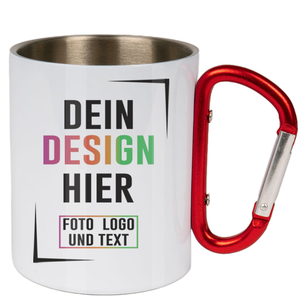 Weiße Edelstahltasse mit Karabiner Henkel in Rot