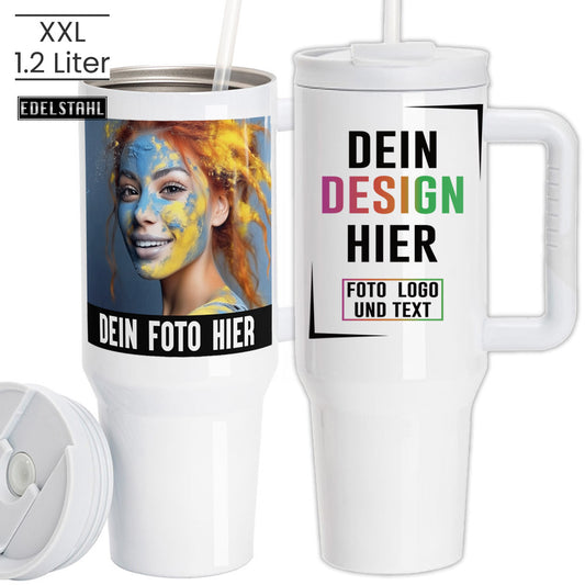 XXL Thermobecher mit Flip-Deckel und Kunststoff-Trinkhalm