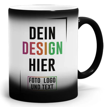 Zaubertasse mit Farbverlauf und Aufdruck 'Dein Design hier', personalisierbar bei Fototassen.de