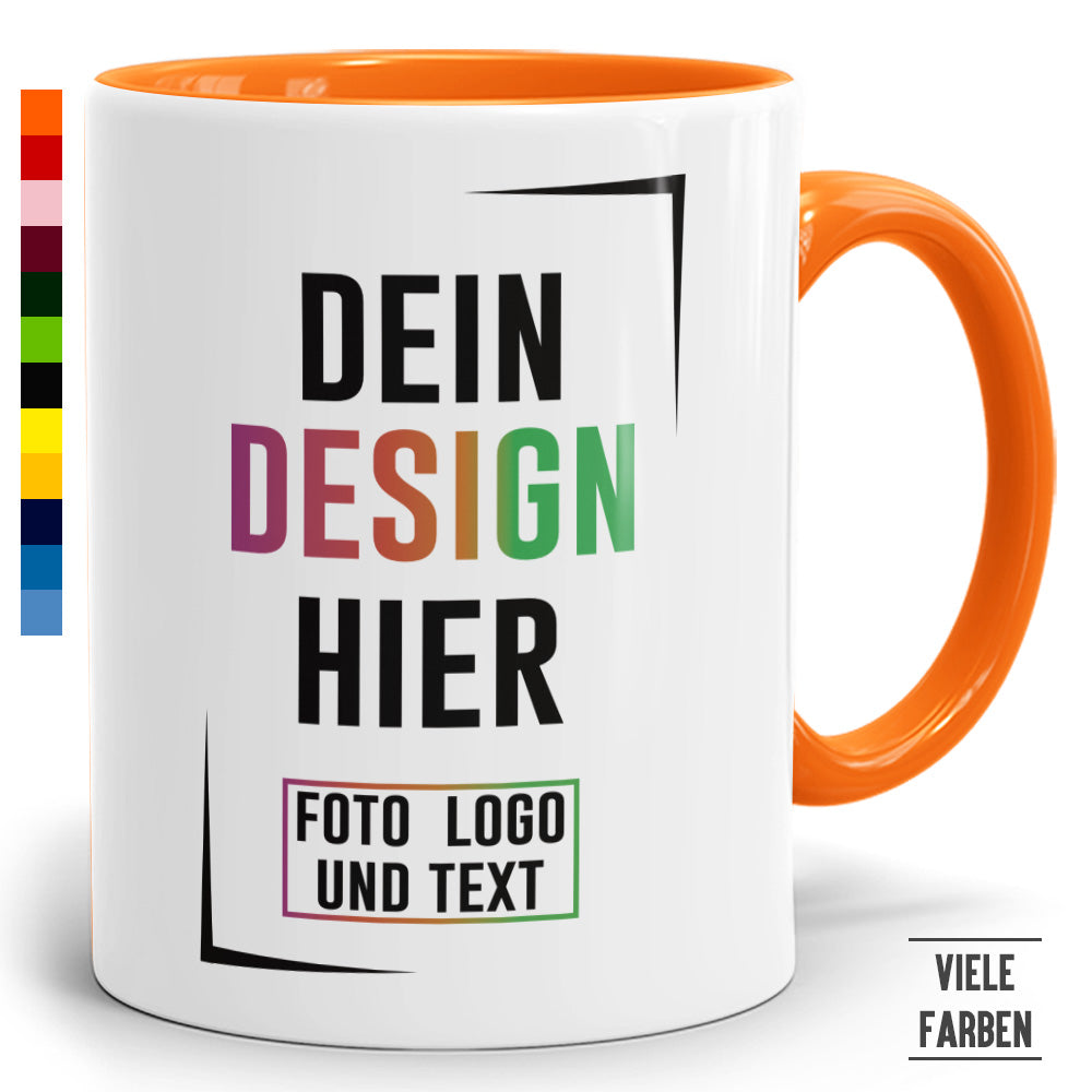 Zweifarbige Fototasse mit orangefarbener Innenfläche, Text 'Dein Design hier', personalisierbar mit Foto, Logo und Text, viele Farbvarianten, Fototassen.de Produkt
