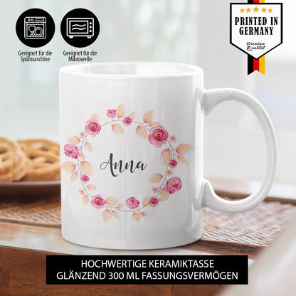 Rosenkranz Tasse mit Name geeignet für die Spülmaschine