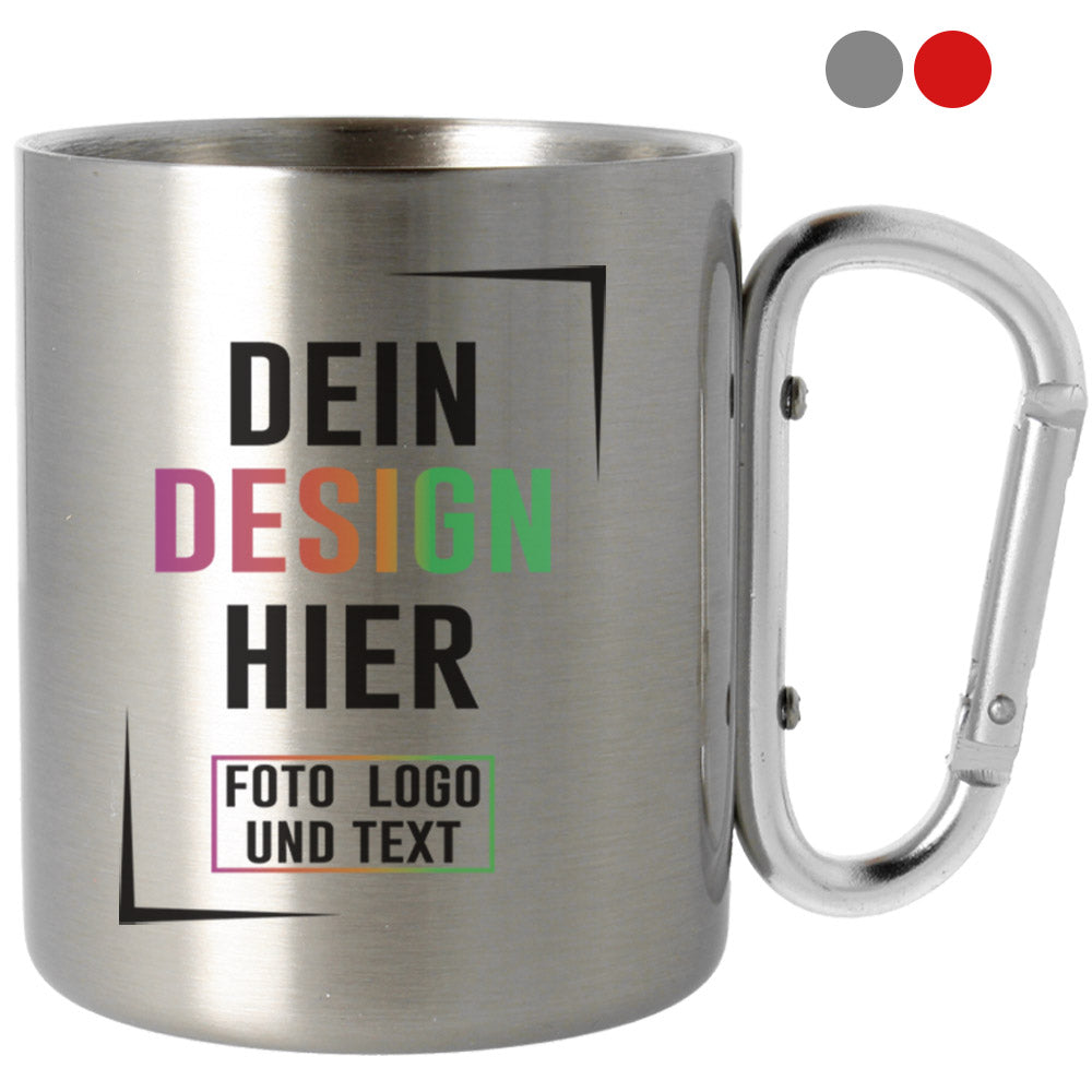 Edelstahlbecher bedrucken mit Silber oder Rot Karabiner Haken Griff