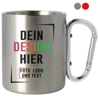 Edelstahlbecher bedrucken mit Silber oder Rot Karabiner Haken Griff