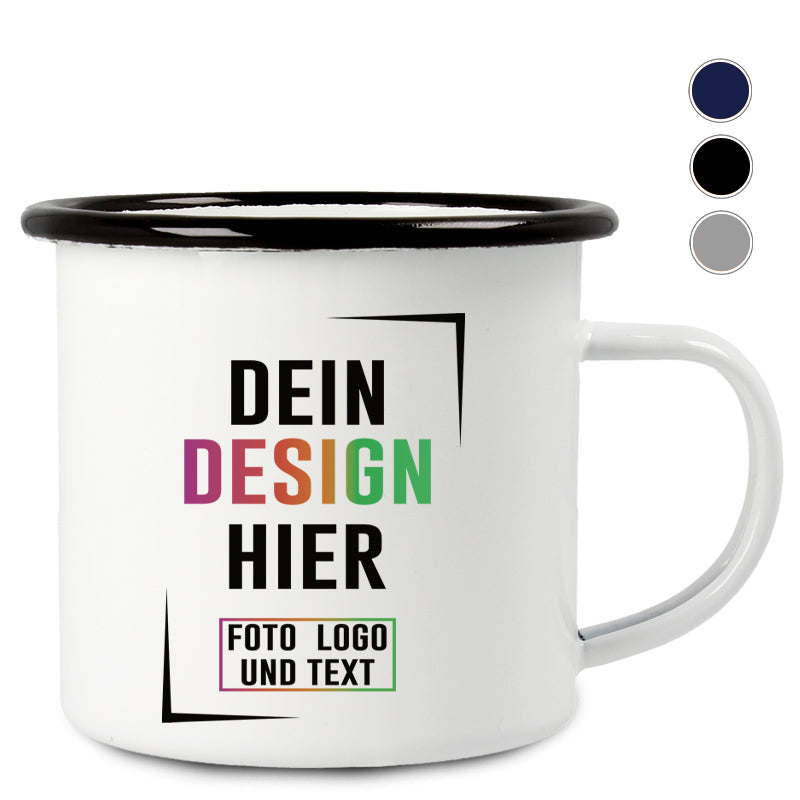 Emaille Tasse mit Schwarzem Trinkrand mit deinem Design