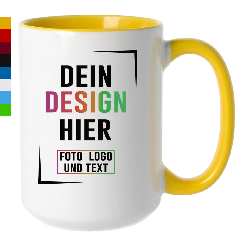 Gelbe Jumbo-Fototasse zum Personalisieren mit eigenem Design, Foto, Logo und Text.