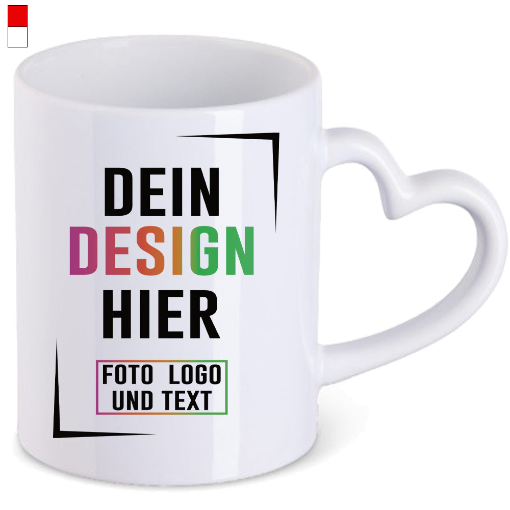 Weiße Fototasse mit Herzhenkel, individuell gestaltbar mit Foto, Logo und Text, Fototassen.de