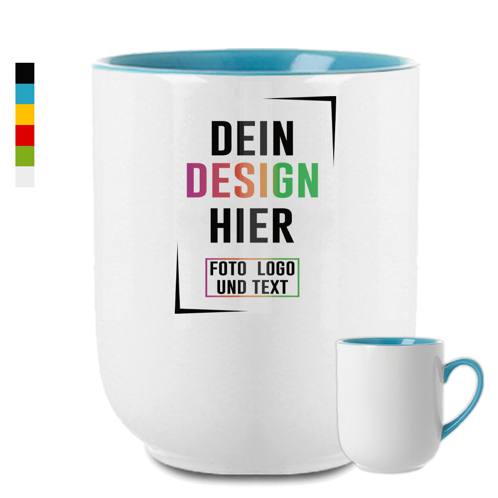Weiße Fototasse mit hellblauer Innenseite, personalisierbar mit eigenem Foto, Logo oder Text.