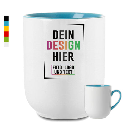 Weiße Fototasse mit hellblauer Innenseite, personalisierbar mit eigenem Foto, Logo oder Text.