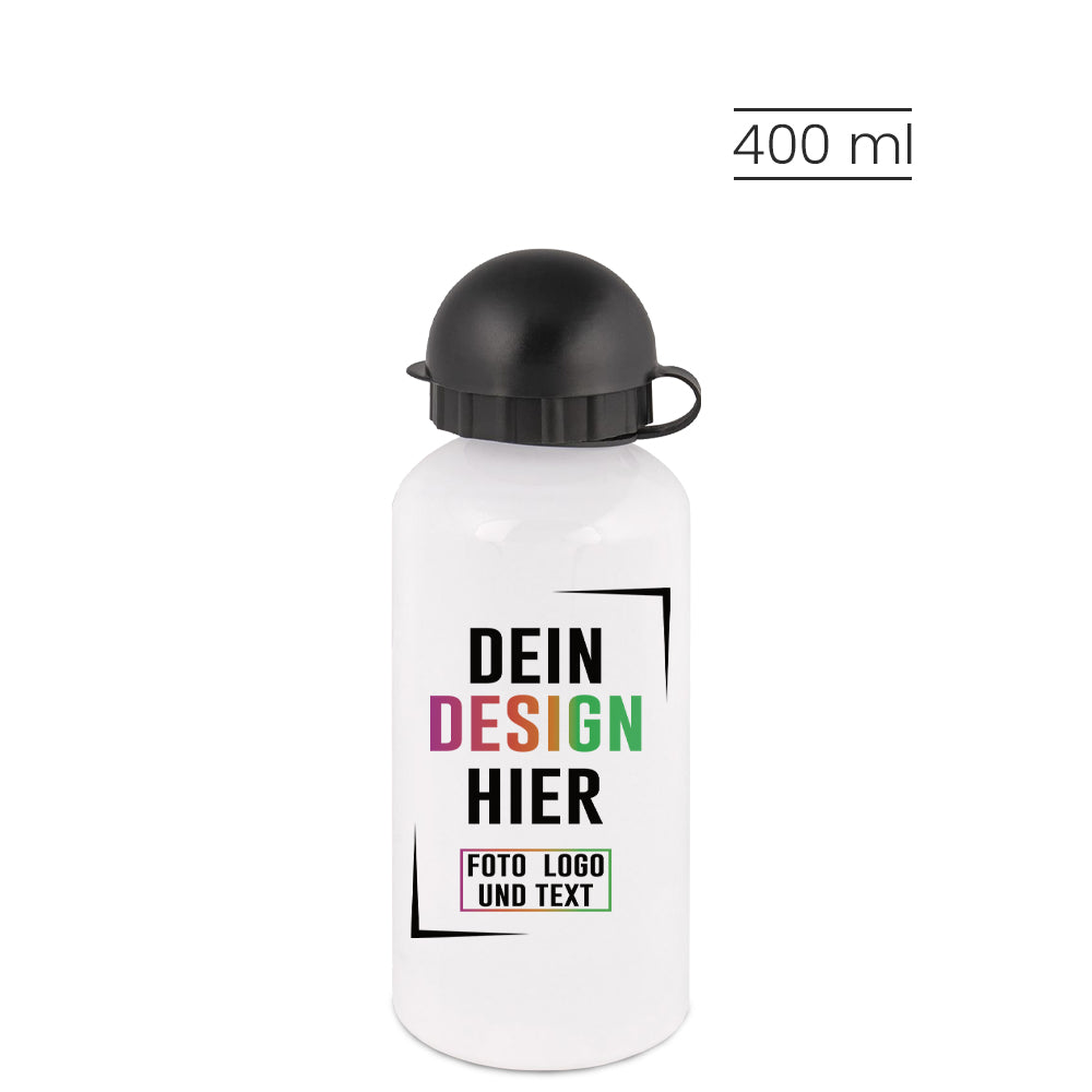 Kindertrinkflasche aus Aluminium in Weiß mit Deckel und Karabiner 400 ml