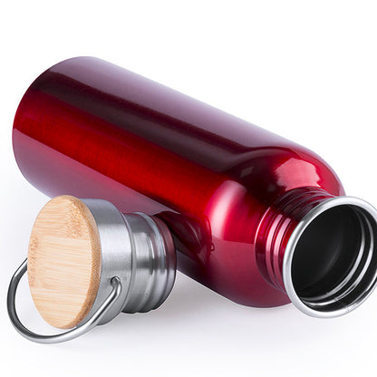 Edelstahl Flasche Tulman in Rot liegend mit Schraubverschluss Bambuseinsatz