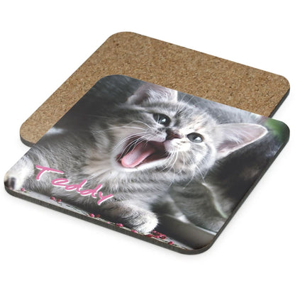 Vorne und Hinten Ansicht Kork Untersetzer mit Hartfaser und Druck Teddy die Katze