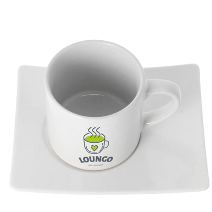 Weiße Fototasse mit Untersetzer bedruckt mit LOUNGO Logo, Fototassen individuell gestalten