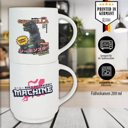 Zwei stapelbare Fototassen mit bedrucktem Motiv, 200 ml, spülmaschinen- und mikrowellengeeignet, Made in Germany.