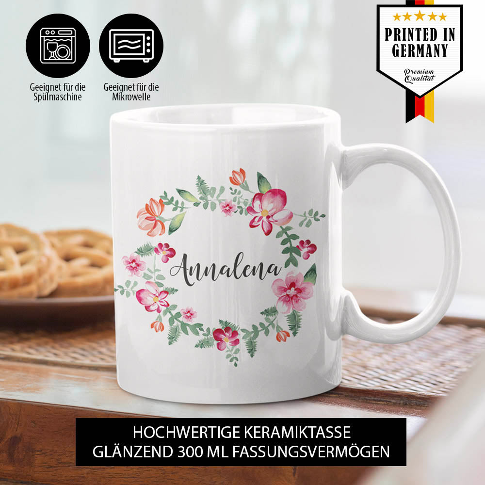 Wasserfarben Blumenkranz Namenstasse geeignet für die Spülmaschine