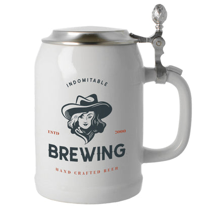 Krug mit Zinndeckel und Beispiel Druck Brauerei Wappen