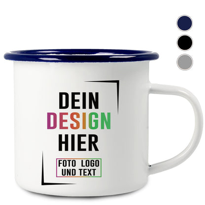 Emaille Tasse mit Blauem Trinkrand mit deinem Design
