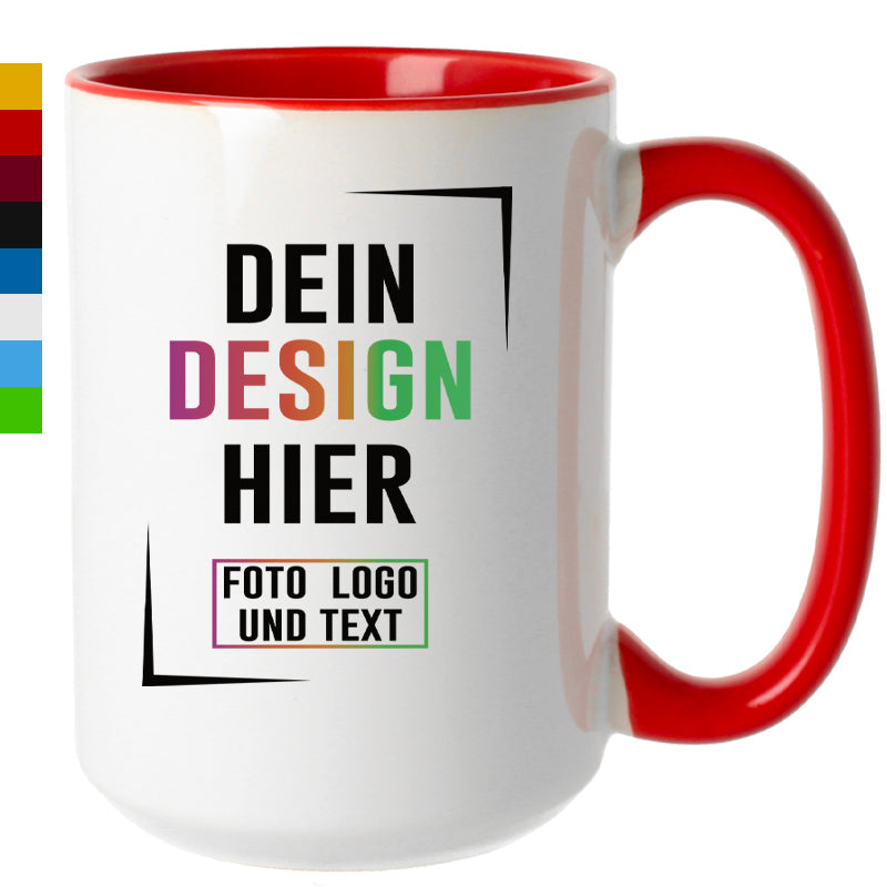 Personalisierbarer Jumbo-Fotobecher mit rotem Henkel und Rand, Vorlage für eigenes Design, Logo oder Text.