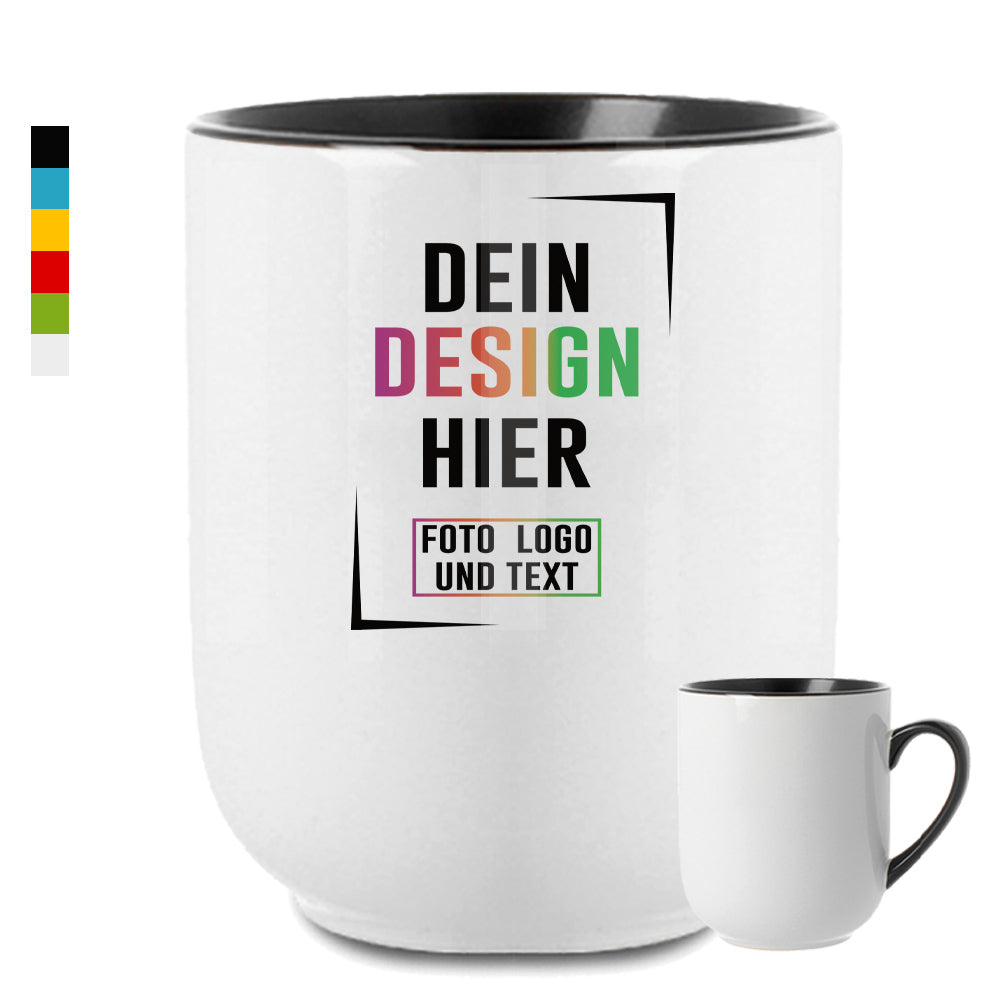 Personalisierbare Fototasse mit schwarzem Rand, Mustertext und Farbpalette, Fototassen.de