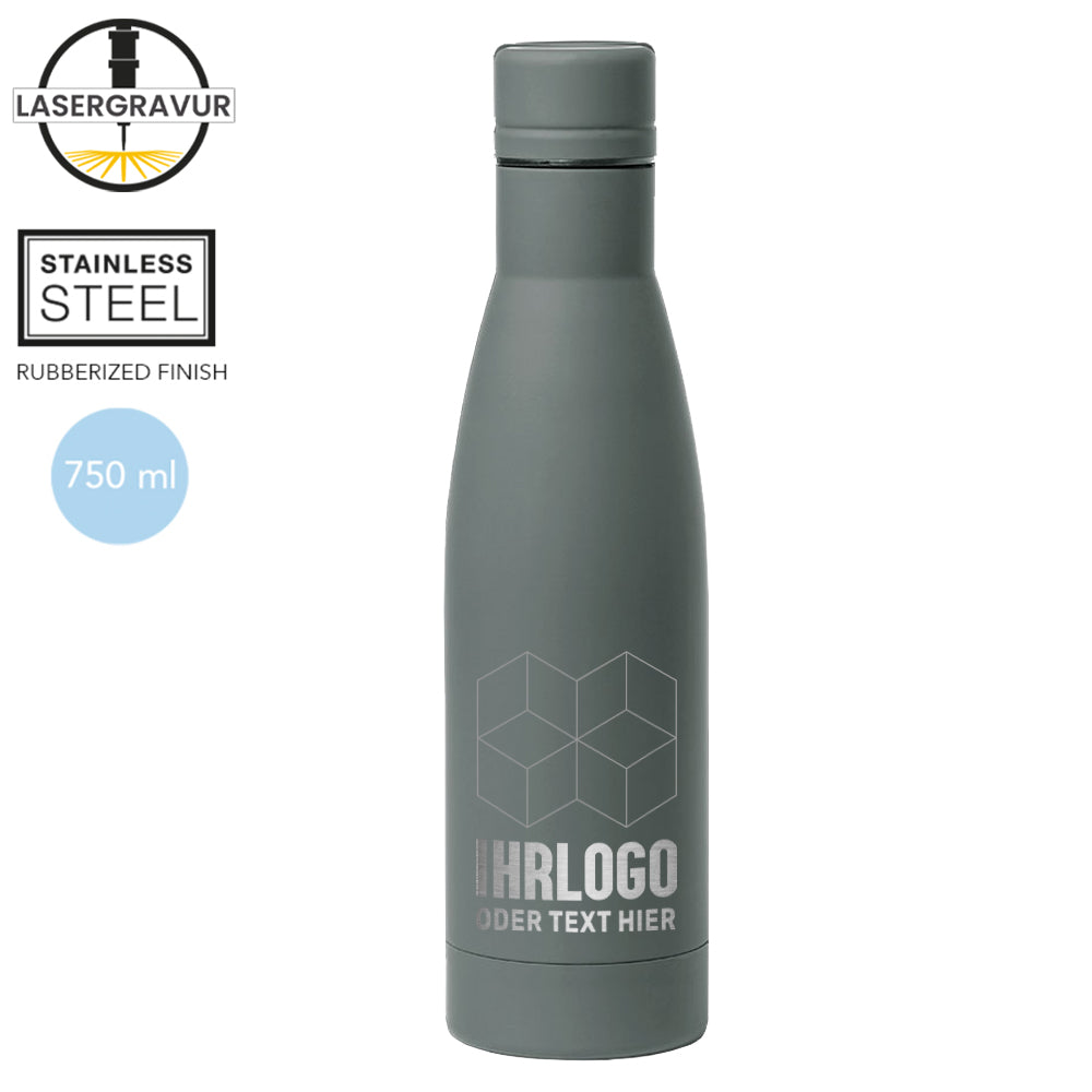 Trinkflasche in Grau mit aufwendiger Lasergravur