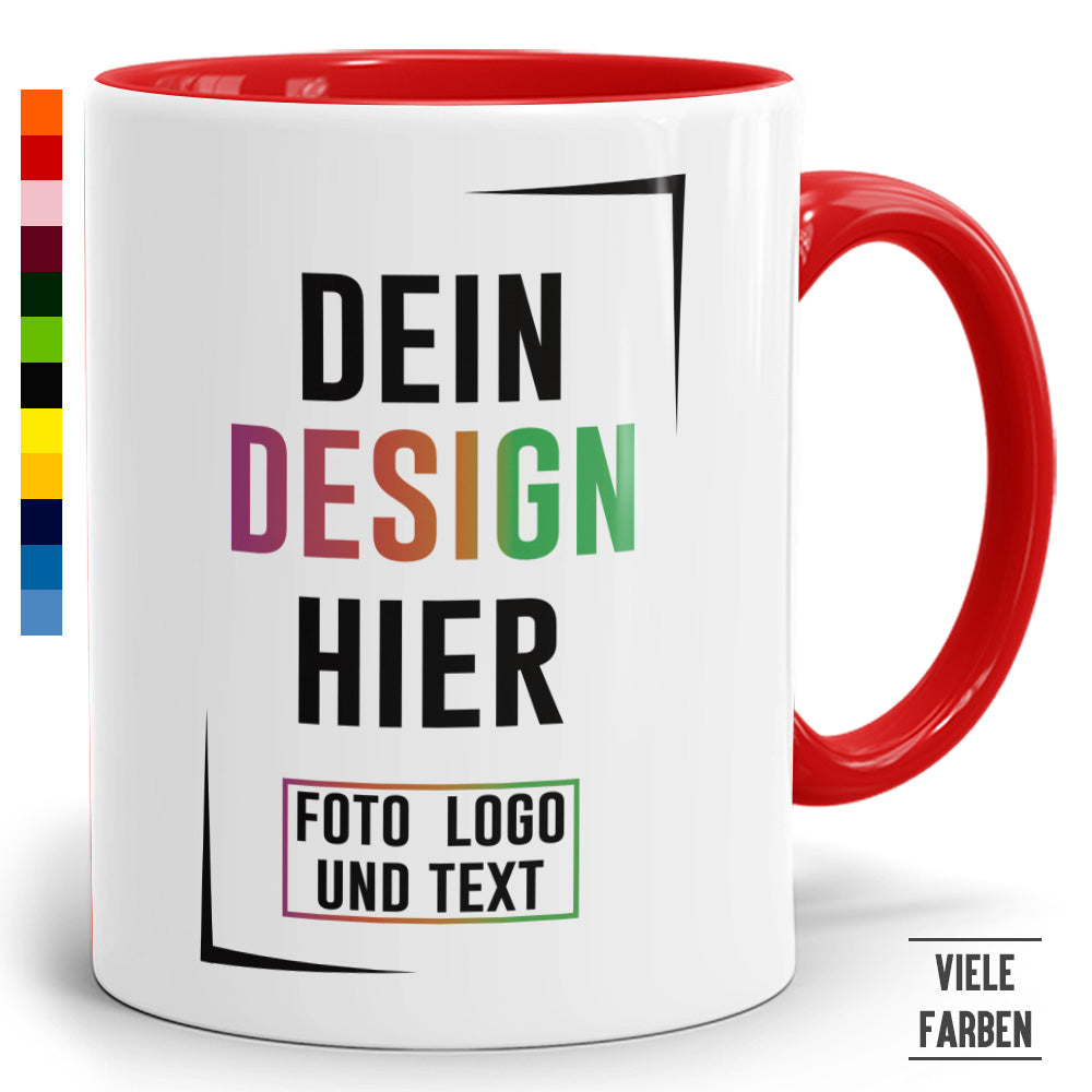 Zweifarbige Fototasse mit rotem Henkel, personalisierbar mit eigenem Design, Foto, Text oder Logo.