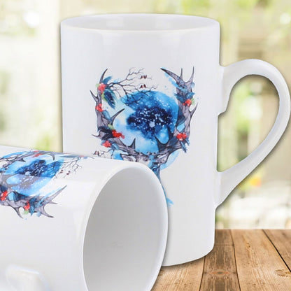 Weiße Fototasse mit blauem Kunstmotiv, Fototassen bedrucken, personalisierte Tasse