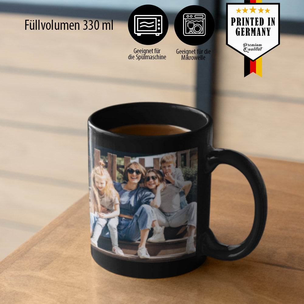 Schwarze Fototasse mit Familienfoto, 330 ml, personalisierbar, spülmaschinengeeignet, Made in Germany