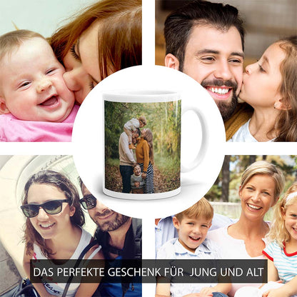 Fototasse mit Familienfoto, umgeben von fröhlichen Familienbildern, perfektes Geschenk