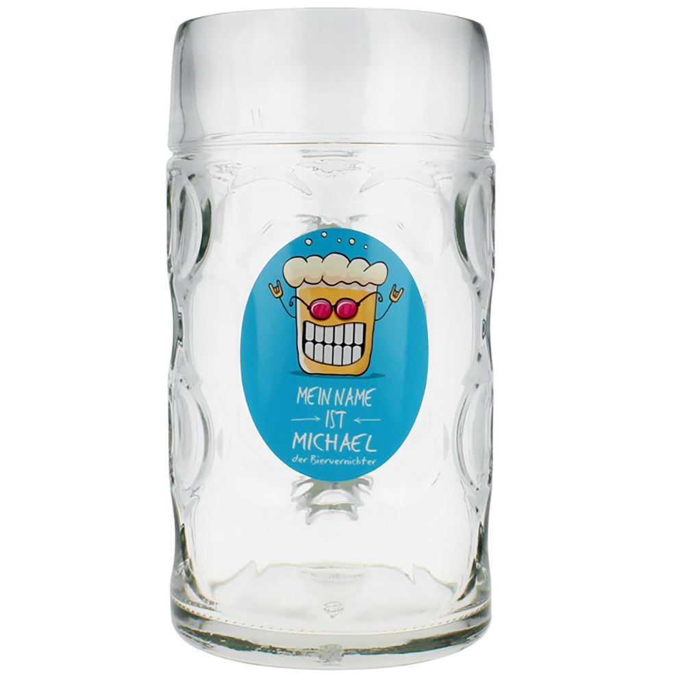 Beulen Maßkrug 1 Liter aus Glas mit Beispiel Druck von vorne aufgenommen