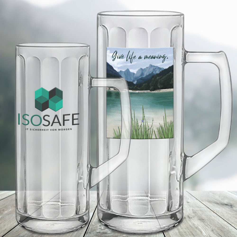 Größenunterschied Glasseidel 0,3 Liter zu 0,5 Liter mit Foto und Logo bedruckt