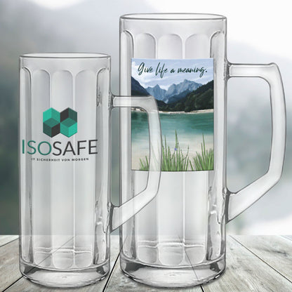 Größenunterschied Glasseidel 0,3 Liter zu 0,5 Liter mit Foto und Logo bedruckt