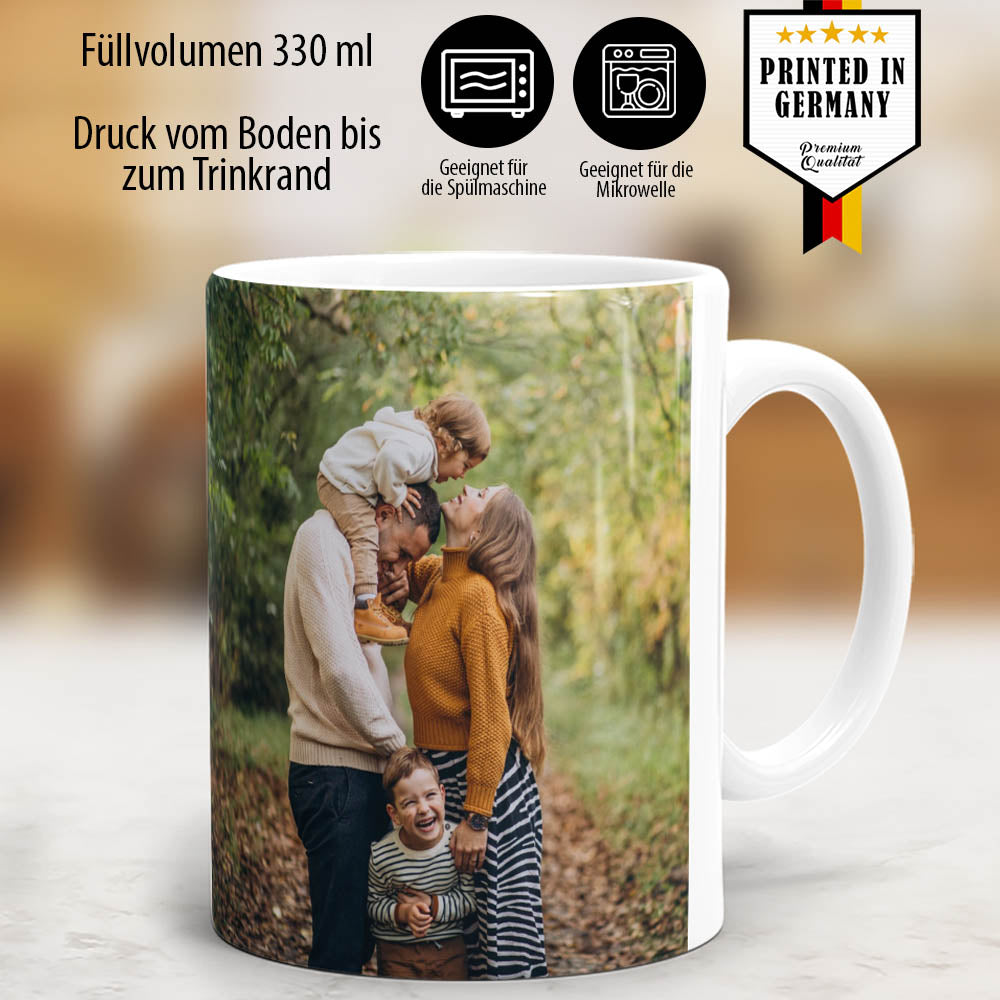 Personalisierte Fototasse mit Familienfoto, spülmaschinengeeignet, Made in Germany, 330 ml