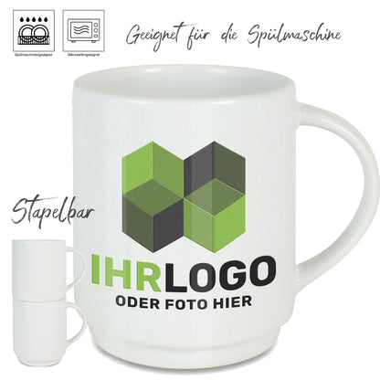 Stapelbare Keramiktasse personalisieren mit eigenem Logo oder Foto, spülmaschinenfest, Fototassen.de